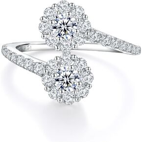Moissanite Rings for Women 925 Sterling Silver Two Stone Cluster Band Ring Created Moissanite Diamond Engagement Anniversary Ring Size 6-10 (with Gift Box)