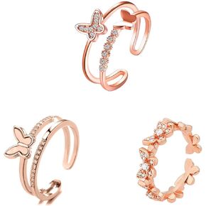 MIFYNN 3Pcs Cute Butterfly Rings For Women, Dainty Crystal Butterfly Rings Set Adjustable Crystal Butterfly Knuckle Ring Double Butterfly Ring