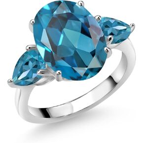 Gem Stone King 925 Sterling Silver London Blue Topaz Ring For Women (8.04 Cttw, 14X10MM Oval and 7X5MM Pear Shape, Gemstone November Birthstone, Available In Size 5, 6, 7, 8, 9)