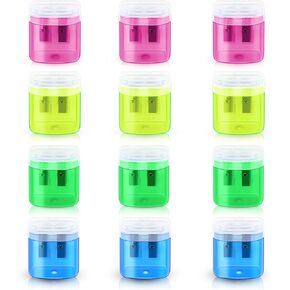 12 Pack Manual Pencil Sharpener for School Office Home Classroom Colored Dual Holes Pencils Sharpeners with Lid for Kids Portable Colorful Handheld Pencil Sharpener Bulk for Adults Students (4 Colors)