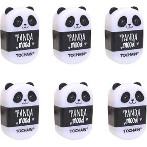 6 Pack Cute Panda Pencil Sharpeners, 2-in-1 Handheld Pencil Sharpener with Eraser, Pencil Erasers in Double Covers for Kids School Office (Single Hole, Manual)
