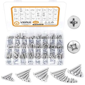 VIGRUE 265PCS #8 Phillips Truss Head Wood Screws, Stainless Steel 410 Quick Metal Self Tapping Screw Assortment Kit