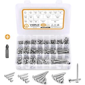 VIGRUE 265PCS #8 Phillips Truss Head Wood Screws, Stainless Steel 410 Quick Metal Self Tapping Screw Assortment Kit
