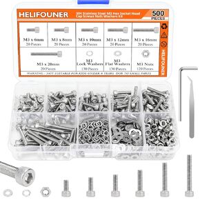 420 Pieces M2.5 x 4mm /6mm /8mm /10mm /12mm /16mm /20mm /25mm, Hex Socket Head Cap Bolts Screws Washers Nuts Kit, 304 Stainless Steel