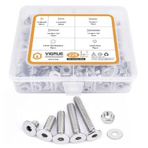 VIGRUE 305Pcs 1/4-20 Button Head Socket Cap Screw Bolts Nuts Washers Assortment Kit Black Oxide Class 12.9 Alloy Steel, Length 3/8" to 1-1/2" Full Coarse Thread