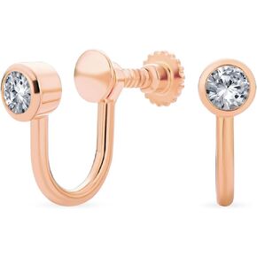 Minimalist Mini Dainty Bezel Solitaire Blue Clear AAA CZ Screw back Clip On Stud Earrings For Women Teen Rose Gold Plated .925 Sterling Silver 4MM
