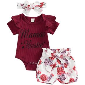 Mama's Bestie Baby Girl Outfits, Baby Girl Romper Ruffle Sleeve Ribbed Bodysuit Mamas Girl Baby Girl Outfit