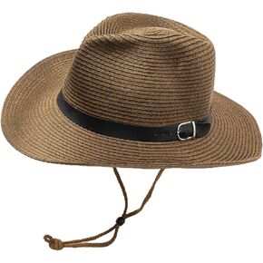 Western Cowboy Hat Straw Cowgirl Sun Hat Adjustable Belt for Halloween Cow Boy Cosplay Costume Countryside Dress Up Party