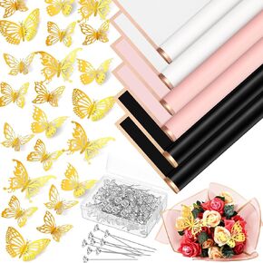 60 Sheets Flower Wrapping Paper with 200 Pcs Bouquet Pin 48 Pcs 3D Gold Butterflies Decor for Festival Wedding Birthday Anniversary Mother's Day DIY Graduation Bouquet(Black, White, Pink)
