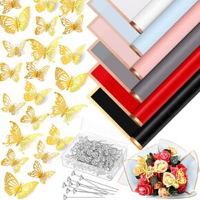 60 Sheets Flower Wrapping Paper with 200 Pcs Bouquet Pin 48 Pcs 3D Gold Butterflies Decor for Festival Wedding Birthday Anniversary Mother's Day DIY Graduation Bouquet(Black, White, Pink)