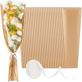 50 Pack Flower Sleeves for Bouquets, Flower Wrapping Paper Kraft Floral Wrap Bags with Ribbons for Florist Supplies Wedding Mother's Day (24.8 x 8.7 Inches)
