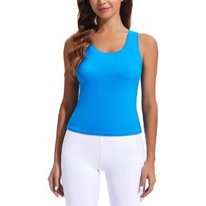 PINSPARK Workout Tops for Women Double Lined Athletic Shirts Scoop Neck Racerback Gym Tanks Sleeveless Tight Crop Yoga Top