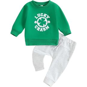 Newborn Baby Boy St Patricks Day Outfit Clover Letter Sweatshirt Long Sleeve T-Shirt Pants Set Toddler Fall Clothes