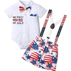 4th of July Baby Boy Outfit My First Gentleman Romper with Bowtie Stars Stripes American Flag Suspender Shorts Summer