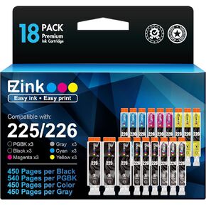 E-Z Ink Compatible Ink Cartridge Replacement for Canon PGI-225 CLI-226 to use with MG6220 MG6120 MG8220 MG8120 MG8120B (3 Gray, 3 Large Black, 3 Small Black, 3 Cyan, 3 Magenta, 3 Yellow) 18 Pack