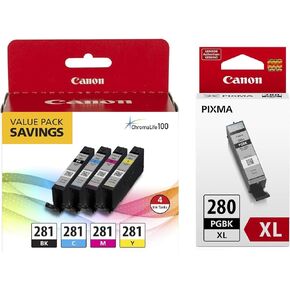 Canon CLI-281 BKCMY 4-Color Ink Tank Value Pack (2091C005) + Canon PGI-280 XL Pigment Black Ink Tank (2021C001)