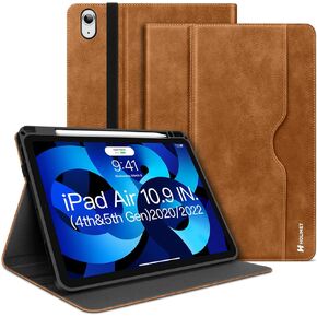 iPad Air 4 & 5 Case (2020/2022) with Built-in Pencil Holder, iPad Air 4th & 5th Gen 10.9-inch PU Leather Case with Pocket & Strap,Soft TPU Back Protective Cover for iPad Air 2020/2022