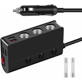 Amiss 3-Socket Car Power DC Outlet with 4USB Cigarette Lighter Adapter, 180w 12v/24v, Quick Charge 3.0 Car Charger with LED Voltage Display, Upgraded On Off Switch, Car Interior Accessories - Black