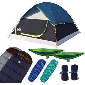 9 Pieces Camping Tent Kit, Including 1x Dome Tent for 2/3 Person, 2X Sleeping Bag, 2X Air Mattress Camping Mat, 2X Single Camping Hammock with 2 Tree Straps, 2X Lightweight Blanket