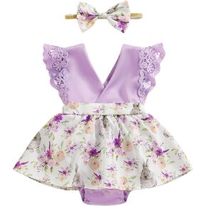 Baby Girl Easter Outfit Bunny Sleeveless Lace V Neck Romper Dress with Headband Cute Spring Clothes