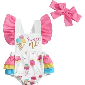 Summer Baby Girl First Birthday Romper with Headband Ruffle Sleeve Ice Cream Bodysuit Cake Smash Outfit Sunsuit