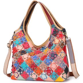Women Multicoloured Handbag Leather Hollow Stitching Shoulder Satchel Purse Tote