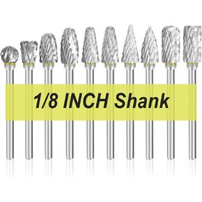 Carbide Burr Set, 10Pcs, 1/8" Shank, 1/4" Grinding Head, Double Cut, Tungsten Steel for Grinder, DIY Wood-Working Carving, Soft Metal Polishing, Engraving, Wood