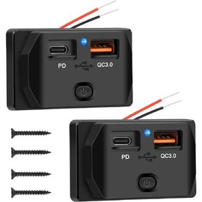 منفذ USB 2 قطعة 12 فولت، مقبس شاحن سيارة USB مزدوج من Linkstyle، مقبس شاحن 30 وات PD و18 وات QC3.0، لوحة مخرج USB RV مع ضوء أزرق ومفتاح، لوحة شاحن سيارة سريعة لعربة الجولف لشاحنة RV البحرية in Kuwait