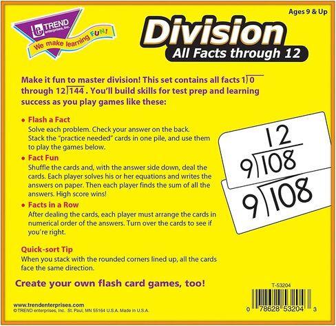 Trend Enterprises: Division All Facts Through 12 Skill Drill Flash Cards, Exciting Way for Everyone to Learn, Great for Skill Building and Test Prep, 156 Cards Included, Ages 9 and Up in Saudi Arabia