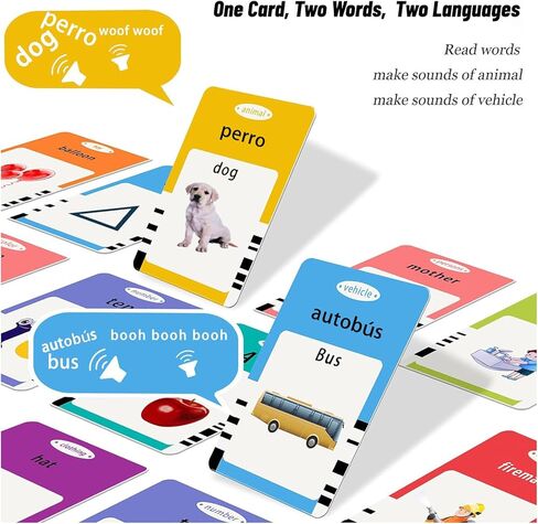 ألعاب الأطفال الصغار بطاقات فلاش الناطقة بالإسبانية والإنجليزية 3 4 5 6 سنوات للأولاد والبنات، 224/510 كلمات بصرية، ألعاب مونتيسوري، ألعاب حسية للتوحد، ألعاب تعليمية تعليمية (ثنائية اللغة-224) in Kuwait