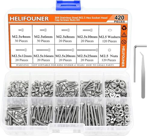 420 Pieces M2.5 x 4mm /6mm /8mm /10mm /12mm /16mm /20mm /25mm, Hex Socket Head Cap Bolts Screws Washers Nuts Kit, 304 Stainless Steel in Saudi Arabia