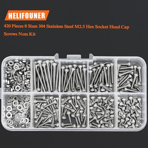 420 Pieces M2.5 x 4mm /6mm /8mm /10mm /12mm /16mm /20mm /25mm, Hex Socket Head Cap Bolts Screws Washers Nuts Kit, 304 Stainless Steel in Saudi Arabia