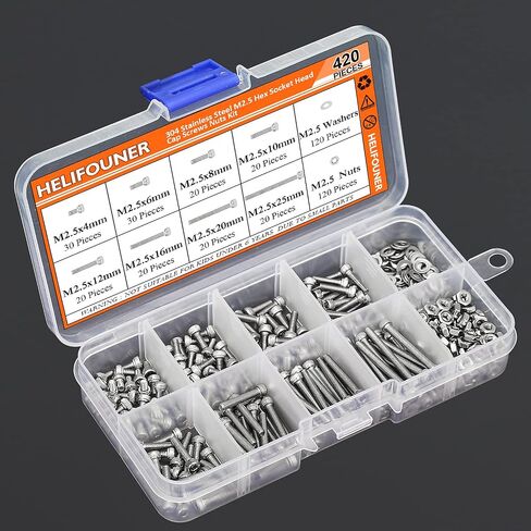 420 Pieces M2.5 x 4mm /6mm /8mm /10mm /12mm /16mm /20mm /25mm, Hex Socket Head Cap Bolts Screws Washers Nuts Kit, 304 Stainless Steel in Saudi Arabia