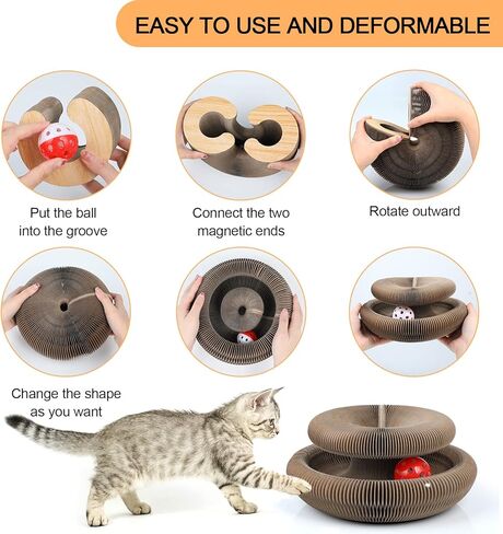 FluffyDream Magic Organ Cat Scratching Board, Interactive Scratch Pad with a Ball, Cat Scratcher for Grinding Claw, Recyclable and Durable, Furniture Protector, Retractable, Brown, Reversible in Kuwait