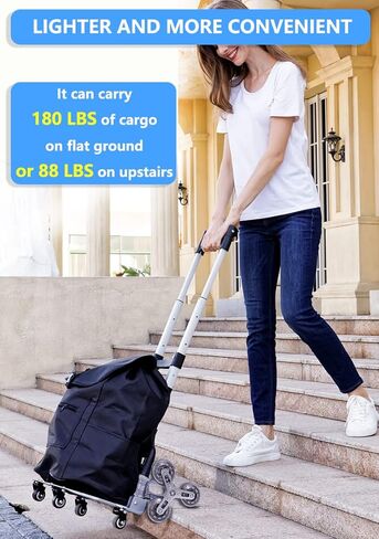 عربة تسلق السلالم، عربة دوللي لشاحنة يدوية قابلة للطي، عربة بقالة على عجلات مع مقبض تلسكوبي وحقيبة مقاومة للماء قابلة للفصل، عربة تسوق بسعة تحميل 180 رطل، باللون الأسود in Kuwait