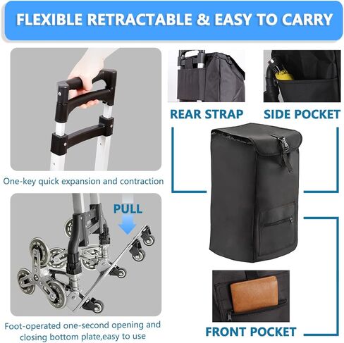 عربة تسلق السلالم، عربة دوللي لشاحنة يدوية قابلة للطي، عربة بقالة على عجلات مع مقبض تلسكوبي وحقيبة مقاومة للماء قابلة للفصل، عربة تسوق بسعة تحميل 180 رطل، باللون الأسود in Kuwait