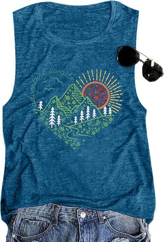 LUKYCILD Adventure Awaits Tanks Top Women Hiking Mountain Outdoors Vest Wanderlust Explore More Tee Camping Athletic Shirts in Saudi Arabia