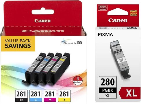 حزمة قيمة لخزان حبر Canon CLI-281 BKCMY بأربعة ألوان (2091C005) + خزان حبر أسود صبغي PGI-280 XL من Canon (2021C001) in Kuwait