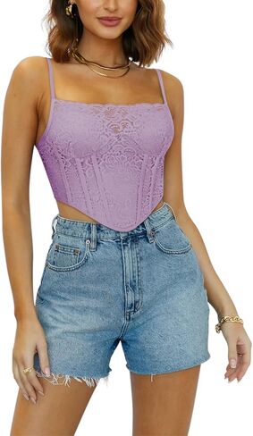 REORIA Womens Trendy Sexy Lace Strap Zip Back Going Out Boned Bustier Corset Tank Top With Built In Bra in Saudi Arabia