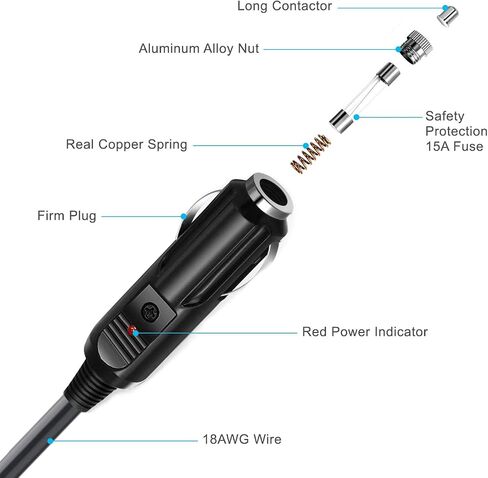 1.5Ft Cigarette Lighter Extension Cord, Male Plug to Female Socket Car Charger Cable, 12V/24V Heavy Duty Extension Cord with 15A Fuse, Compatible with Air Compressor Mini Fridge Car Vacuum in Saudi Arabia