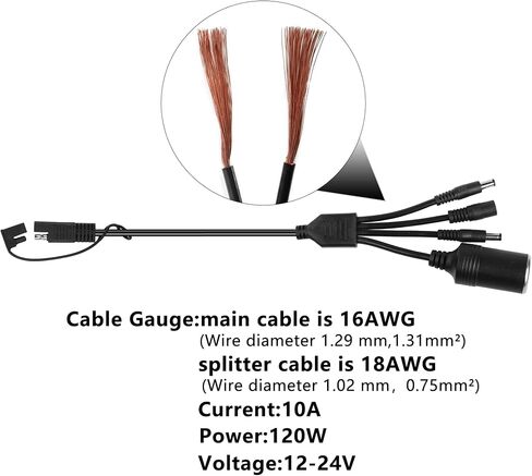 GELRHONR 12-24V 10A 16AWG SAE إلى كابل تمديد مقبس ولاعة السجائر أنثى للدراجات النارية، قابس SAE إلى DC 5.5x2.1 مم كابل مقسم محول ذكر/أنثى، للسيارات والألواح الشمسية in Kuwait
