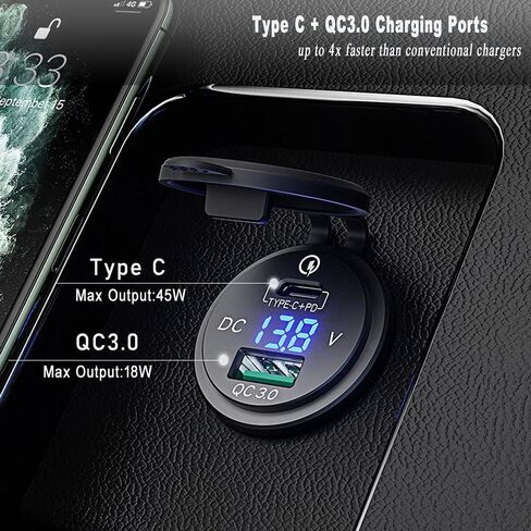 [عبوتان] منفذ USB 12 فولت، مقبس شاحن سيارة USB من النوع PD وQC 3.0 شاحن سريع 12 فولت/24 فولت مقبس مقاوم للماء 63 وات مقبس شاحن USB مزدوج توصيل الطاقة للدراجات النارية والقوارب البحرية RV ATV in Kuwait