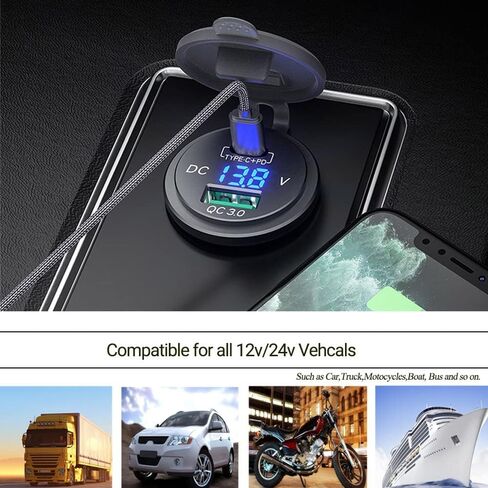 [عبوتان] منفذ USB 12 فولت، مقبس شاحن سيارة USB من النوع PD وQC 3.0 شاحن سريع 12 فولت/24 فولت مقبس مقاوم للماء 63 وات مقبس شاحن USB مزدوج توصيل الطاقة للدراجات النارية والقوارب البحرية RV ATV in Kuwait