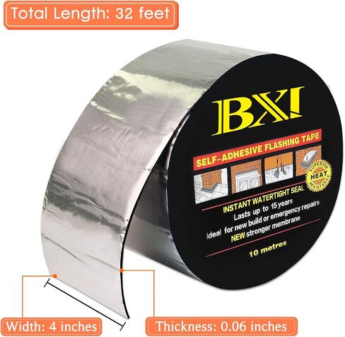 غشاء شريط لفة وامض BXI، شريط ختم رقعة مقاوم للماء بسمك 4 بوصات × 32 قدمًا، ذاتية اللصق SBS إسفلت مطاطي معدل، مانع تسرب الروافد على سطح السفينة لإصلاح مزراب نافذة السقف في الهواء الطلق in Kuwait