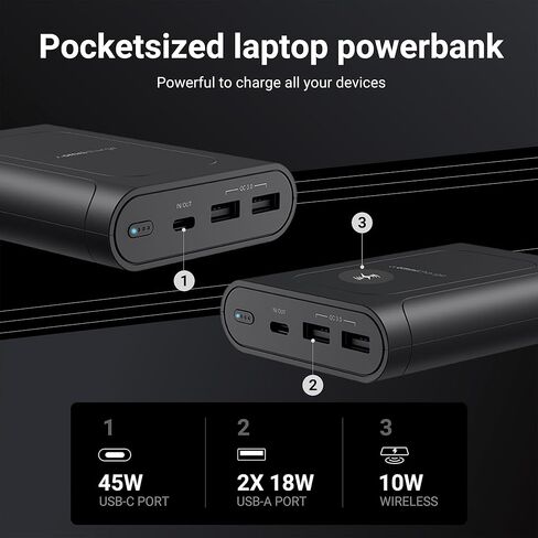 أومني موبايل 12800 باور بانك للكمبيوتر المحمول مع USB-C | حزمة بطارية لأجهزة الكمبيوتر المحمولة والأجهزة اللوحية والكاميرات والهواتف الذكية وآيفون وسامسونج جالاكسي والأجهزة الذكية الأخرى in Kuwait