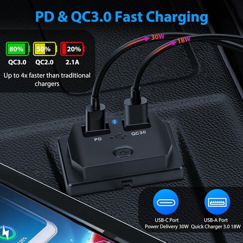 منفذ USB 2 قطعة 12 فولت، مقبس شاحن سيارة USB مزدوج من Linkstyle، مقبس شاحن 30 وات PD و18 وات QC3.0، لوحة مخرج USB RV مع ضوء أزرق ومفتاح، لوحة شاحن سيارة سريعة لعربة الجولف لشاحنة RV البحرية in Kuwait