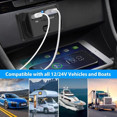 منفذ USB 2 قطعة 12 فولت، مقبس شاحن سيارة USB مزدوج من Linkstyle، مقبس شاحن 30 وات PD و18 وات QC3.0، لوحة مخرج USB RV مع ضوء أزرق ومفتاح، لوحة شاحن سيارة سريعة لعربة الجولف لشاحنة RV البحرية in Kuwait