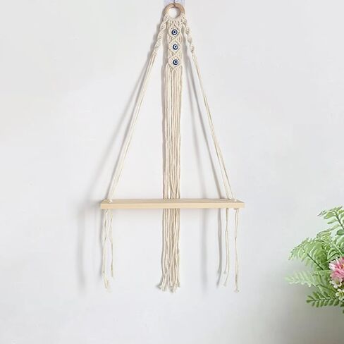 أرفف Macrame العائمة لديكور جدار بوهو - لا توجد أرفف جدار خشبية الحفر مع خطافات لاصقة وتصميم واحد - رف تخزين مزخرف لغرفة النوم ، غرفة المعيشة ، سهلة التثبيت (طبقة واحدة) in Kuwait