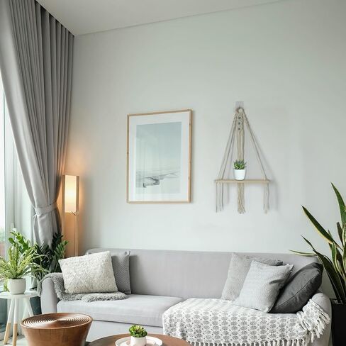 أرفف Macrame العائمة لديكور جدار بوهو - لا توجد أرفف جدار خشبية الحفر مع خطافات لاصقة وتصميم واحد - رف تخزين مزخرف لغرفة النوم ، غرفة المعيشة ، سهلة التثبيت (طبقة واحدة) in Kuwait