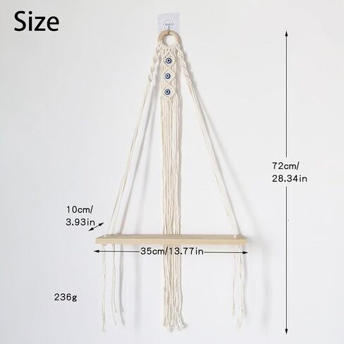 أرفف Macrame العائمة لديكور جدار بوهو - لا توجد أرفف جدار خشبية الحفر مع خطافات لاصقة وتصميم واحد - رف تخزين مزخرف لغرفة النوم ، غرفة المعيشة ، سهلة التثبيت (طبقة واحدة) in Kuwait